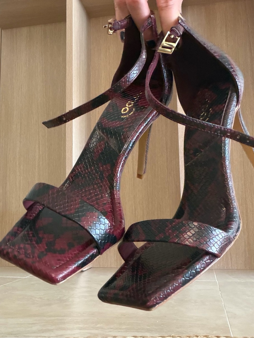 ALDO Burgundy Snake-Print Ankle Strap Stiletto Heels